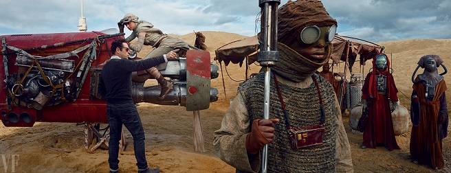 J.J. Abrams directs newcomer Daisy Ridley in a scene. 