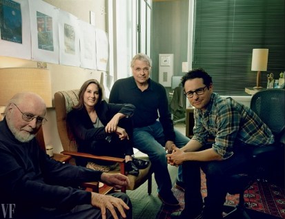 Composer John Williams, producer and Lucasfilm president Kathleen Kennedy, co-writer Lawrence Kasdan, and director and co-writer J.J. Abrams